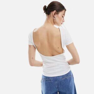 NWT MONKI Fitted Open Back Short Sleeve Top White Size S